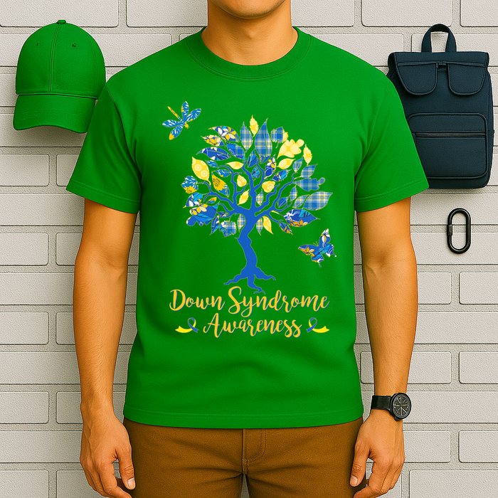 Cute Down Syndrome Awareness Blue Yellow Tree T-Shirt