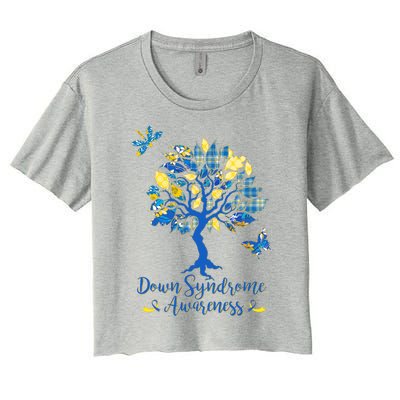 Cute Down Syndrome Awareness Blue Yellow Tree Women's Crop Top Tee