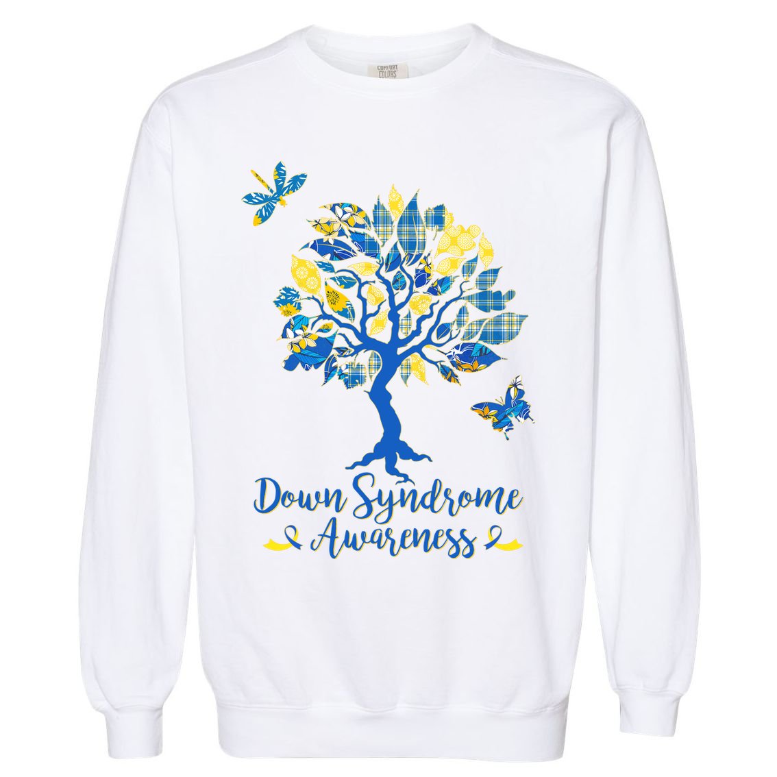 Cute Down Syndrome Awareness Blue Yellow Tree Garment-Dyed Sweatshirt