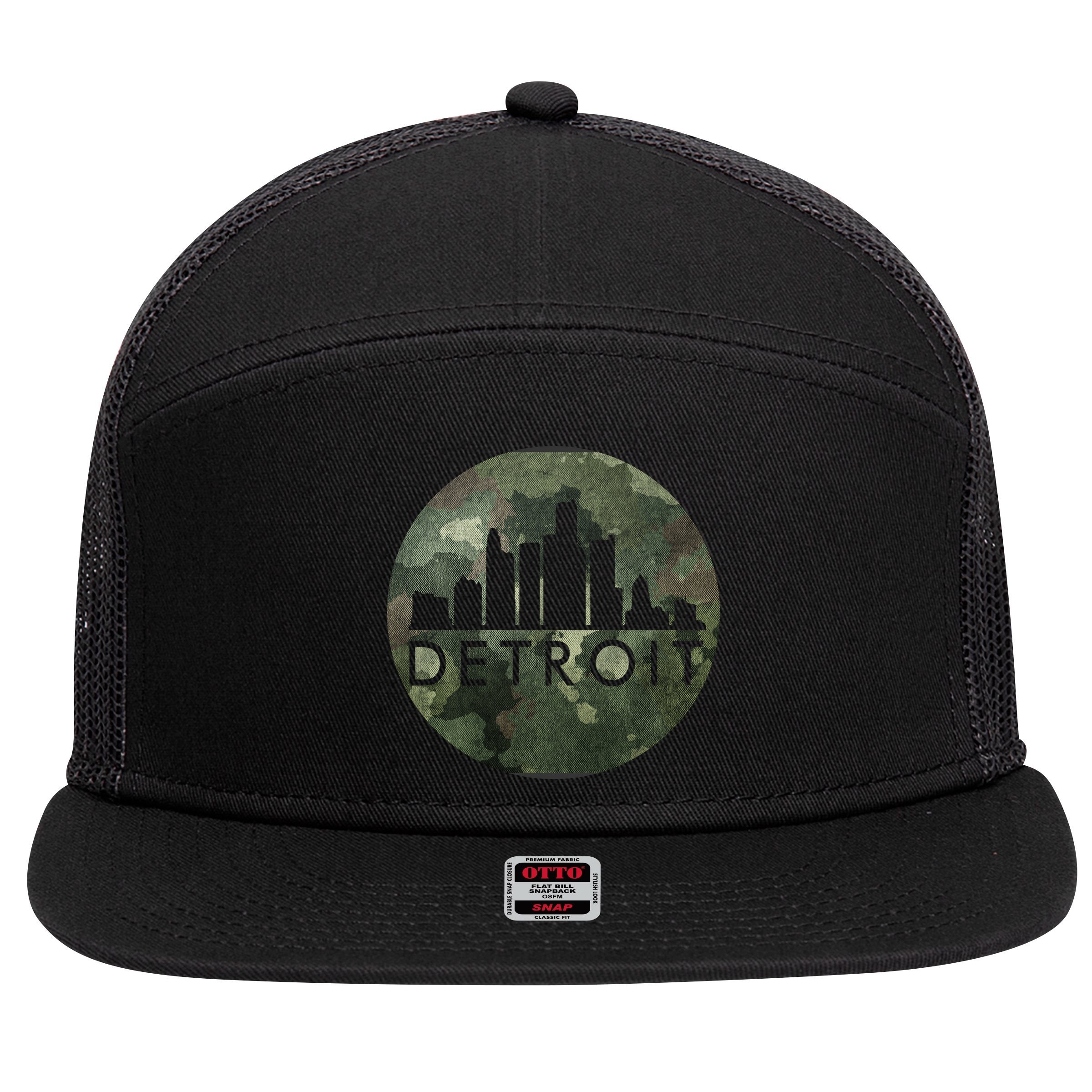 Camo Detroit Skyline Logo 7 Panel Mesh Trucker Snapback Hat