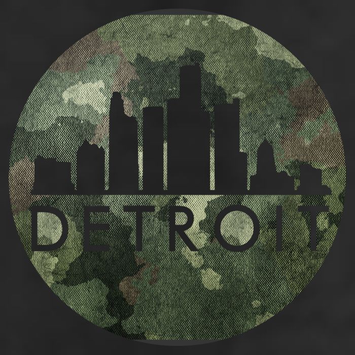 Camo Detroit Skyline Logo 7 Panel Mesh Trucker Snapback Hat