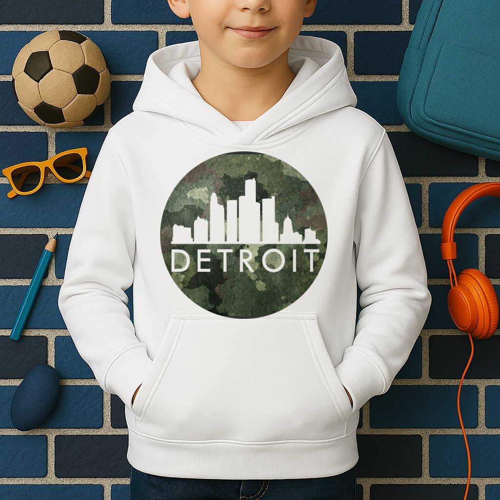 Camo Detroit Skyline Logo Kids Hoodie