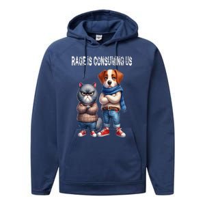 Cat & Dog Silly Staring Rage Is Consuming Us Performance Fleece Hoodie