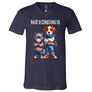 Cat & Dog Silly Staring Rage Is Consuming Us V-Neck T-Shirt