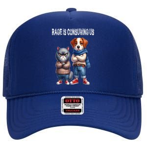 Cat & Dog Silly Staring Rage Is Consuming Us High Crown Mesh Back Trucker Hat