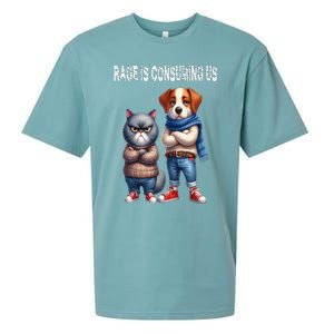 Cat & Dog Silly Staring Rage Is Consuming Us Sueded Cloud Jersey T-Shirt