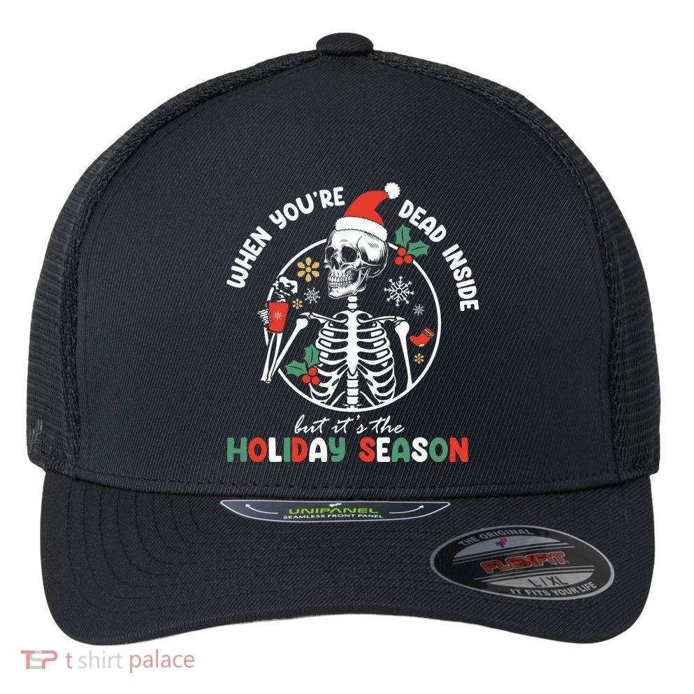 Coffee Drinking Skeleton Christmas Skull Santa Hat Xmas Flexfit Unipanel Trucker Cap