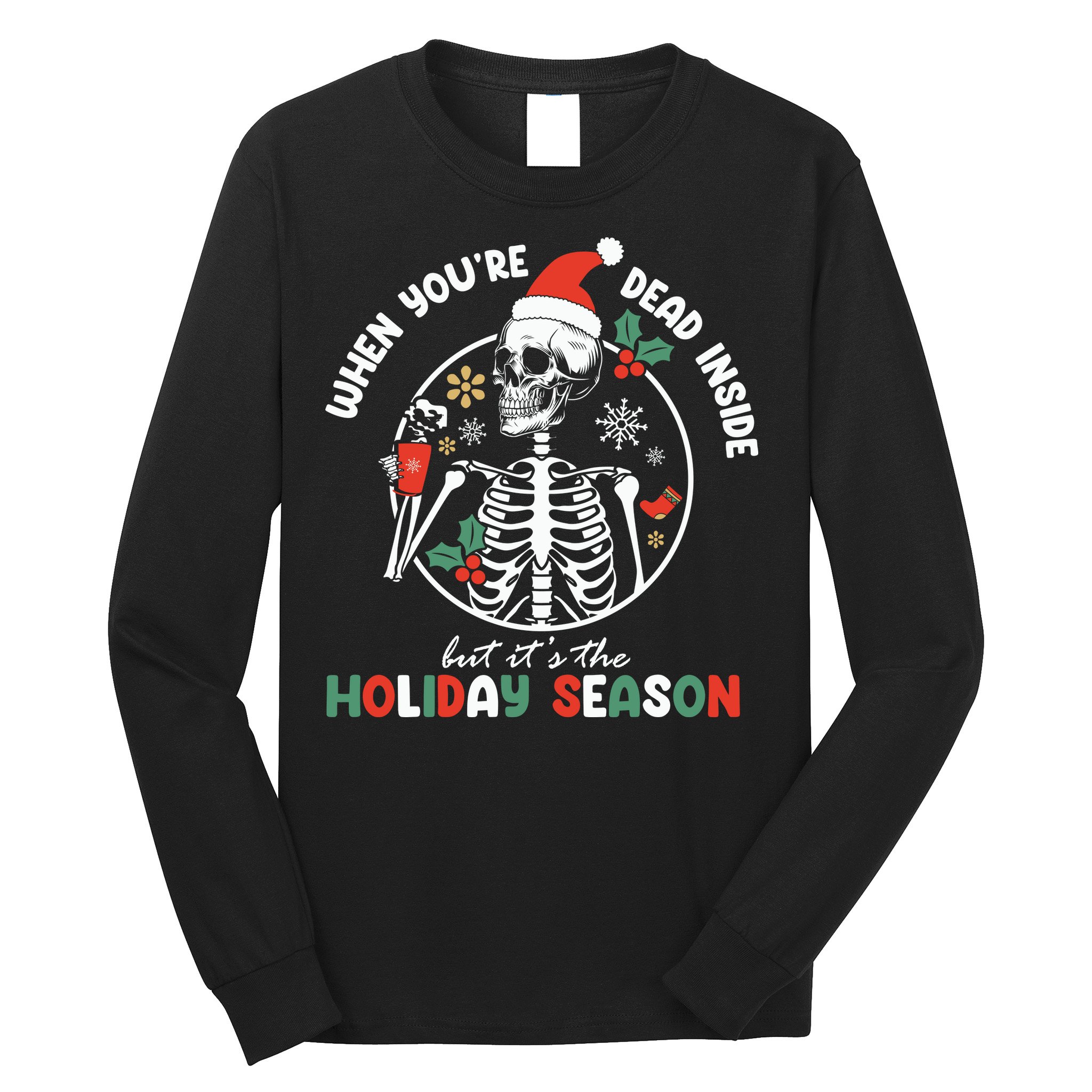 Coffee Drinking Skeleton Christmas Skull Santa Hat Xmas Long Sleeve Shirt