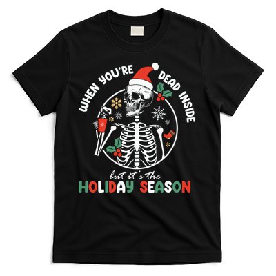Coffee Drinking Skeleton Christmas Skull Santa Hat Xmas T-Shirt