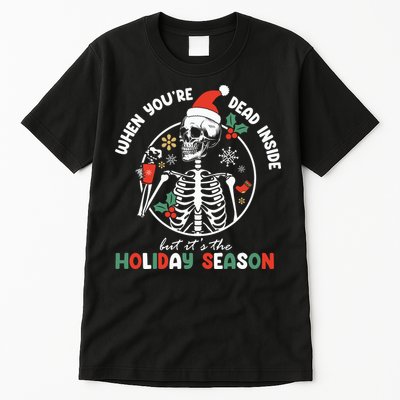 Coffee Drinking Skeleton Christmas Skull Santa Hat Xmas Tall T-Shirt