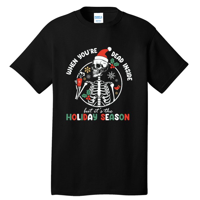 Coffee Drinking Skeleton Christmas Skull Santa Hat Xmas Tall T-Shirt