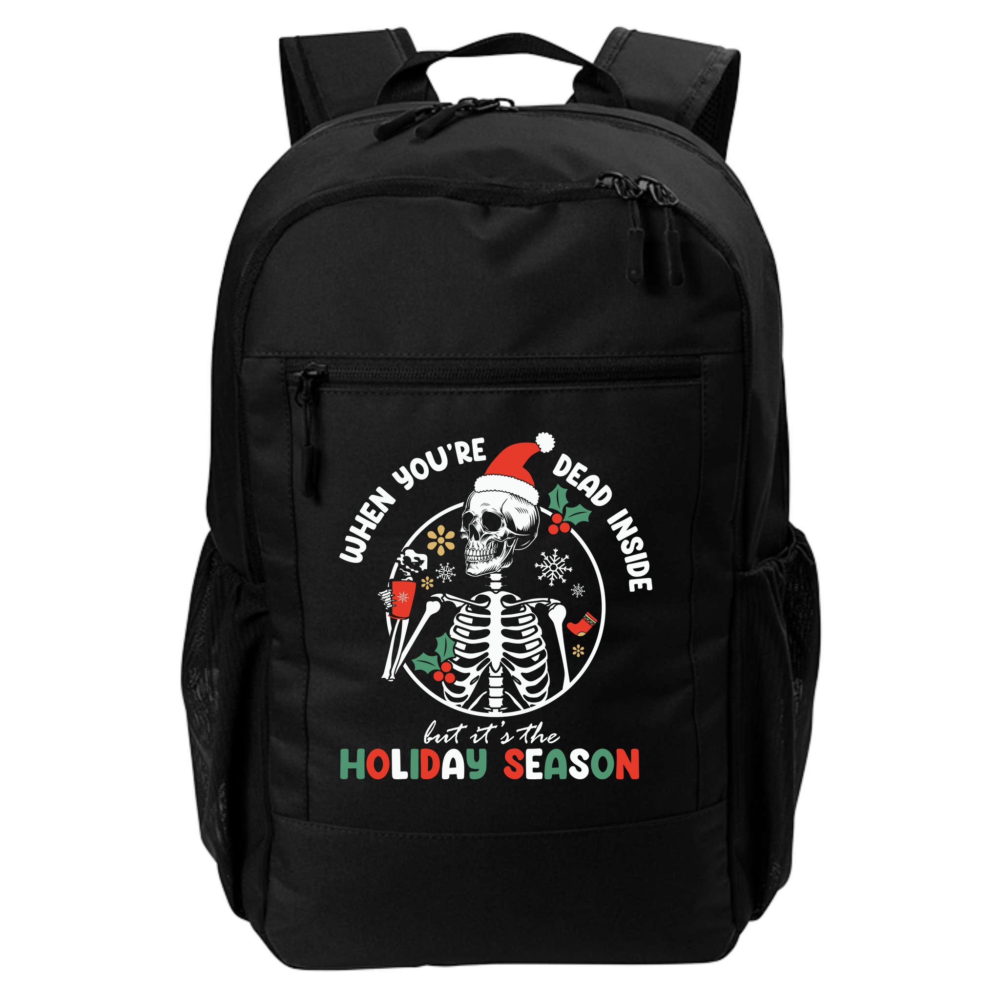 Coffee Drinking Skeleton Christmas Skull Santa Hat Xmas Backpack