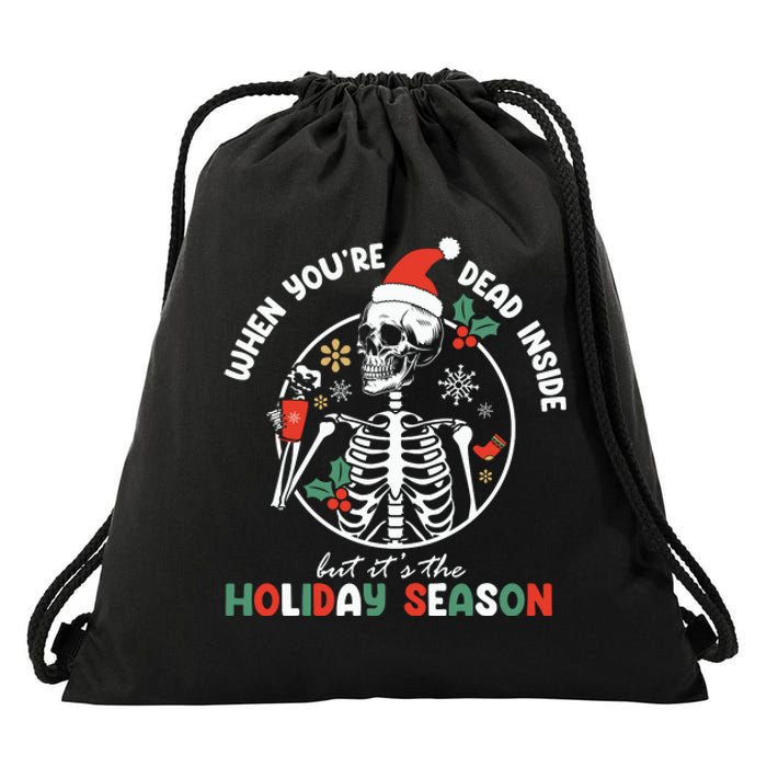 Coffee Drinking Skeleton Christmas Skull Santa Hat Xmas Drawstring Bag