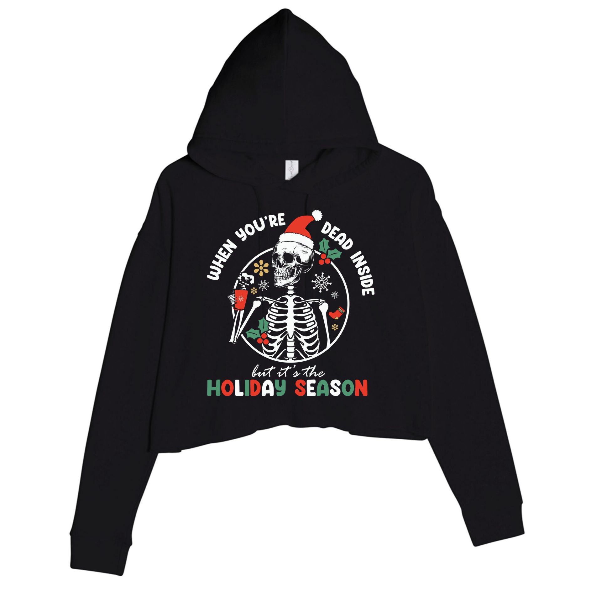 Coffee Drinking Skeleton Christmas Skull Santa Hat Xmas Crop Fleece Hoodie