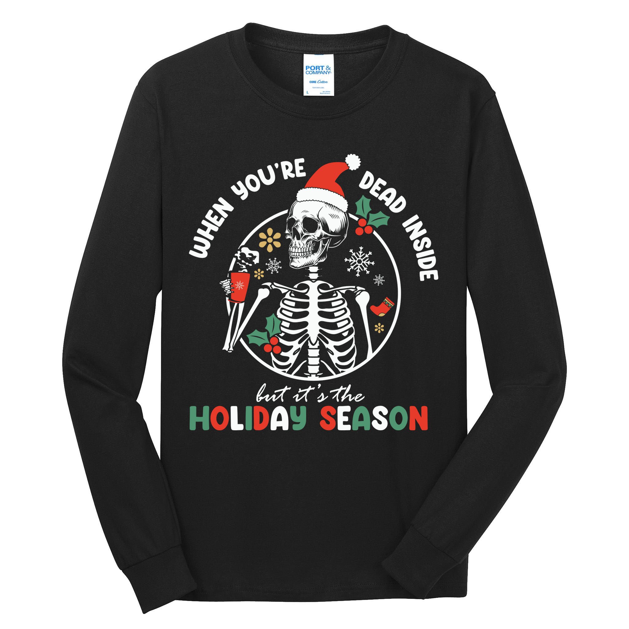 Coffee Drinking Skeleton Christmas Skull Santa Hat Xmas Tall Long Sleeve T-Shirt