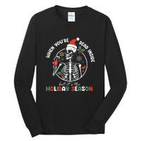 Coffee Drinking Skeleton Christmas Skull Santa Hat Xmas Tall Long Sleeve T-Shirt