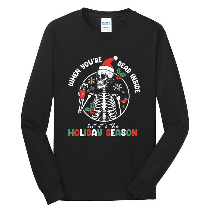 Coffee Drinking Skeleton Christmas Skull Santa Hat Xmas Tall Long Sleeve T-Shirt