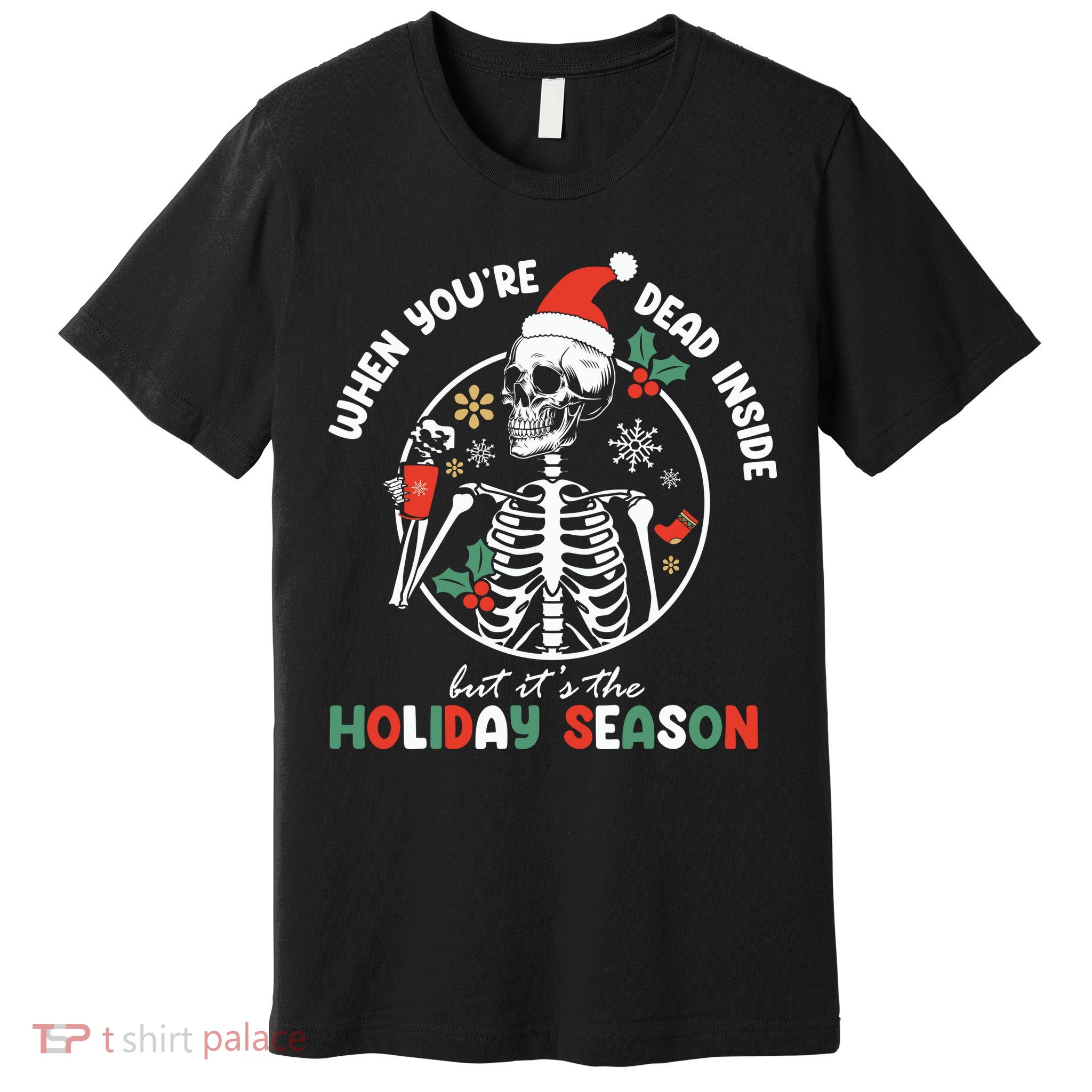 Coffee Drinking Skeleton Christmas Skull Santa Hat Xmas Premium T-Shirt