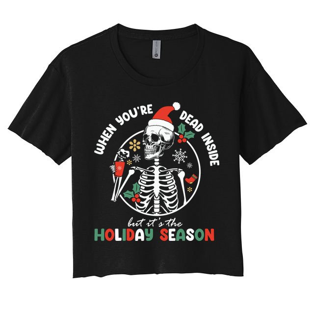 Coffee Drinking Skeleton Christmas Skull Santa Hat Xmas Crop Top