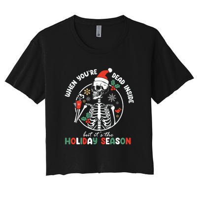 Coffee Drinking Skeleton Christmas Skull Santa Hat Xmas Women's Crop Top Tee