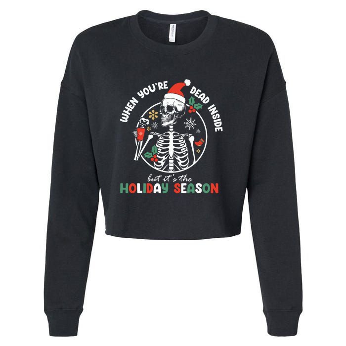 Coffee Drinking Skeleton Christmas Skull Santa Hat Xmas Cropped Pullover Crew