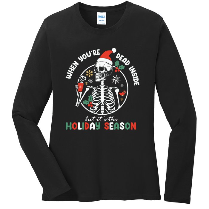 Coffee Drinking Skeleton Christmas Skull Santa Hat Xmas Ladies Long Sleeve Shirt