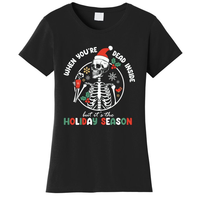 Coffee Drinking Skeleton Christmas Skull Santa Hat Xmas Women's T-Shirt