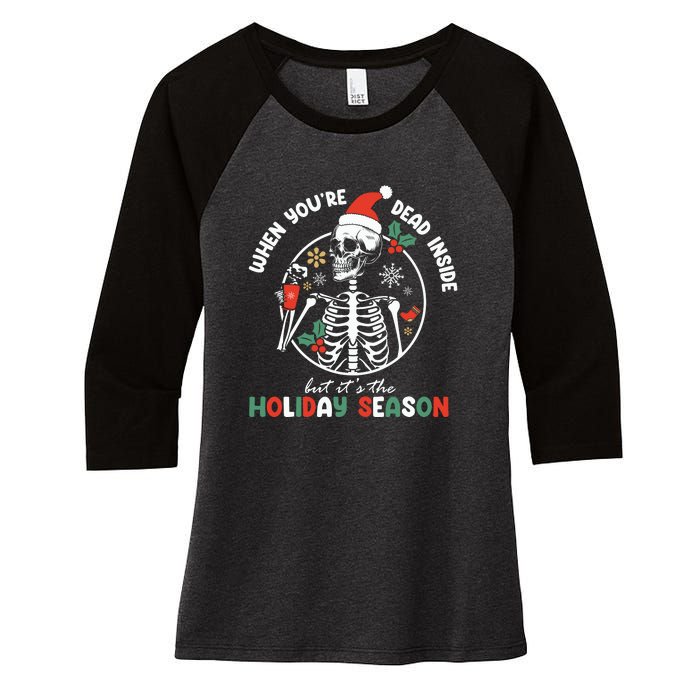 Coffee Drinking Skeleton Christmas Skull Santa Hat Xmas Women's Tri-Blend 3/4-Sleeve Raglan Shirt