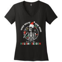 Coffee Drinking Skeleton Christmas Skull Santa Hat Xmas Women's V-Neck T-Shirt