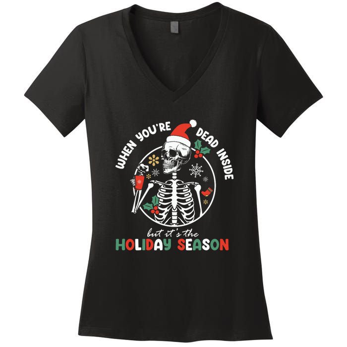 Coffee Drinking Skeleton Christmas Skull Santa Hat Xmas Women's V-Neck T-Shirt