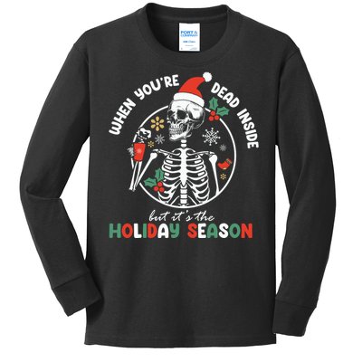 Coffee Drinking Skeleton Christmas Skull Santa Hat Xmas Kids Long Sleeve Shirt