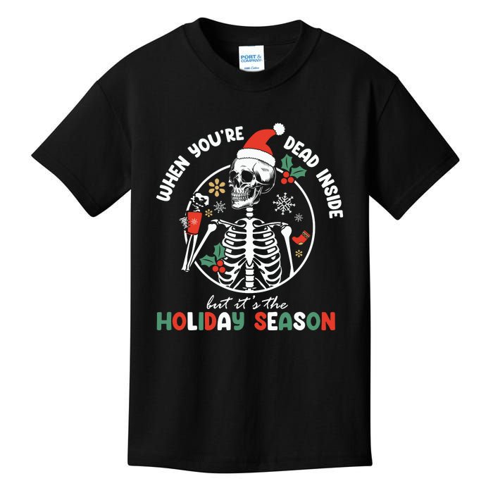 Coffee Drinking Skeleton Christmas Skull Santa Hat Xmas Kids T-Shirt