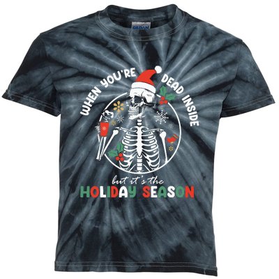 Coffee Drinking Skeleton Christmas Skull Santa Hat Xmas Kids Tie-Dye T-Shirt