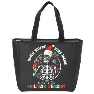 Coffee Drinking Skeleton Christmas Skull Santa Hat Xmas Zip Tote Bag