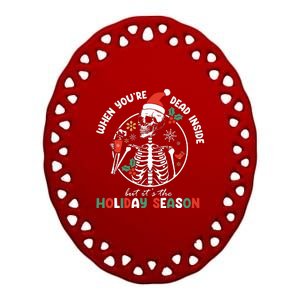 Coffee Drinking Skeleton Christmas Skull Santa Hat Xmas Ceramic Oval Ornament