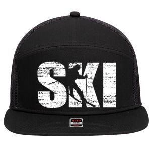 Cool Distressed Skiing Gift For Skiers 7 Panel Mesh Trucker Snapback Hat