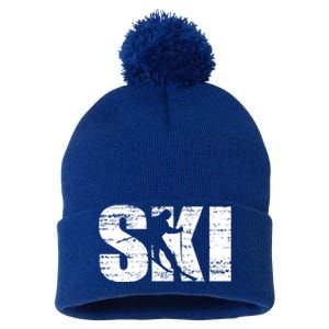 Cool Distressed Skiing Gift For Skiers Pom Pom 12in Knit Beanie