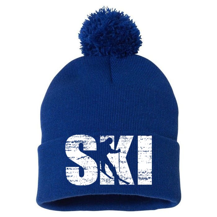 Cool Distressed Skiing Gift For Skiers Pom Pom 12in Knit Beanie