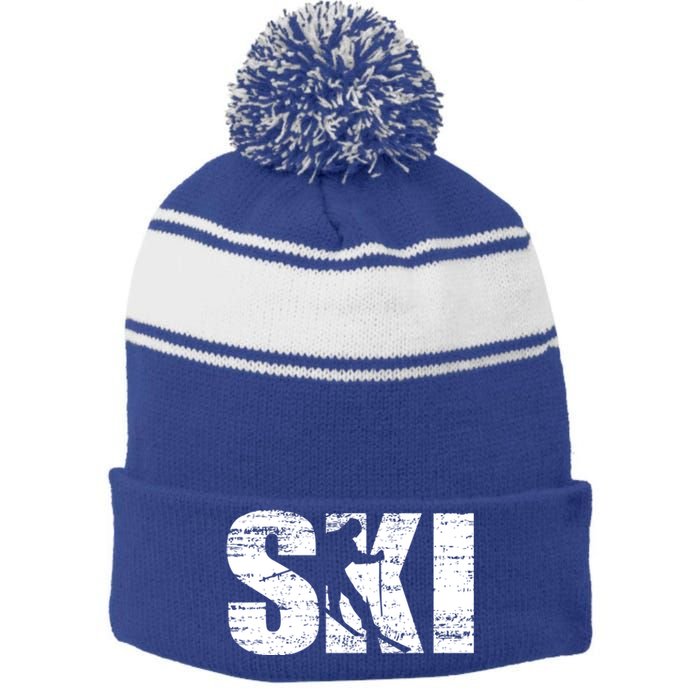 Cool Distressed Skiing Gift For Skiers Stripe Pom Pom Beanie