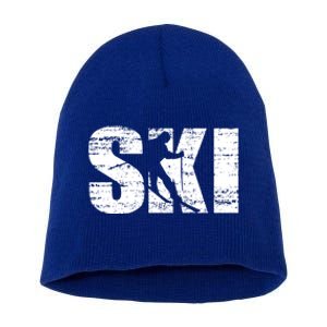 Cool Distressed Skiing Gift For Skiers Short Acrylic Beanie