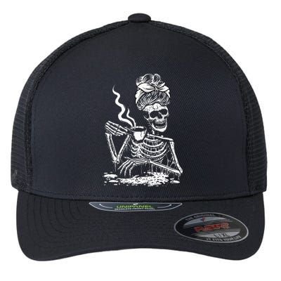 Coffee Drinking Skeleton Lazy DIY Halloween Costume Flexfit Unipanel Trucker Cap