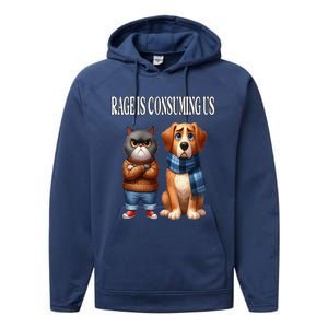 Cat & Dog Silly Staring Rage Is Consuming Us Performance Fleece Hoodie