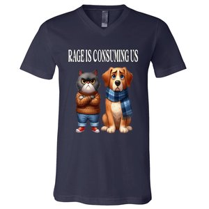 Cat & Dog Silly Staring Rage Is Consuming Us V-Neck T-Shirt