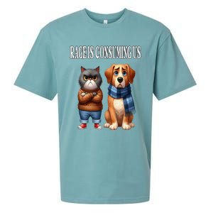 Cat & Dog Silly Staring Rage Is Consuming Us Sueded Cloud Jersey T-Shirt