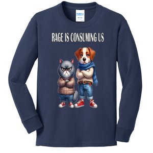 Cat & Dog Silly Staring Rage Is Consuming Us Kids Long Sleeve Shirt