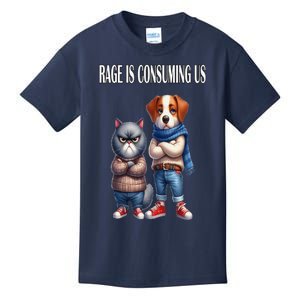 Cat & Dog Silly Staring Rage Is Consuming Us Kids T-Shirt