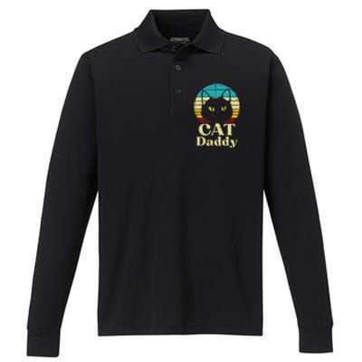 Cat Daddy Sunset Retro Fathers Day Pet Owner Dad Papa Performance Long Sleeve Polo