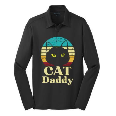 Cat Daddy Sunset Retro Fathers Day Pet Owner Dad Papa Silk Touch Performance Long Sleeve Polo