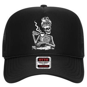 Coffee Drinking Skeleton Lazy DIY Halloween Costume Wo High Crown Mesh Back Trucker Hat