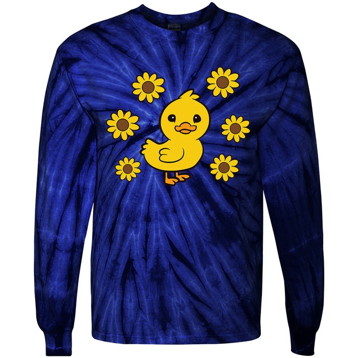 Cute Duck Summer Sunflower Kawaii Duck Tie-Dye Long Sleeve Shirt